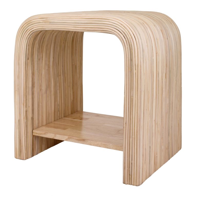 Kian natural rattan side table with arch waterfall frame and Mindi wood shelf