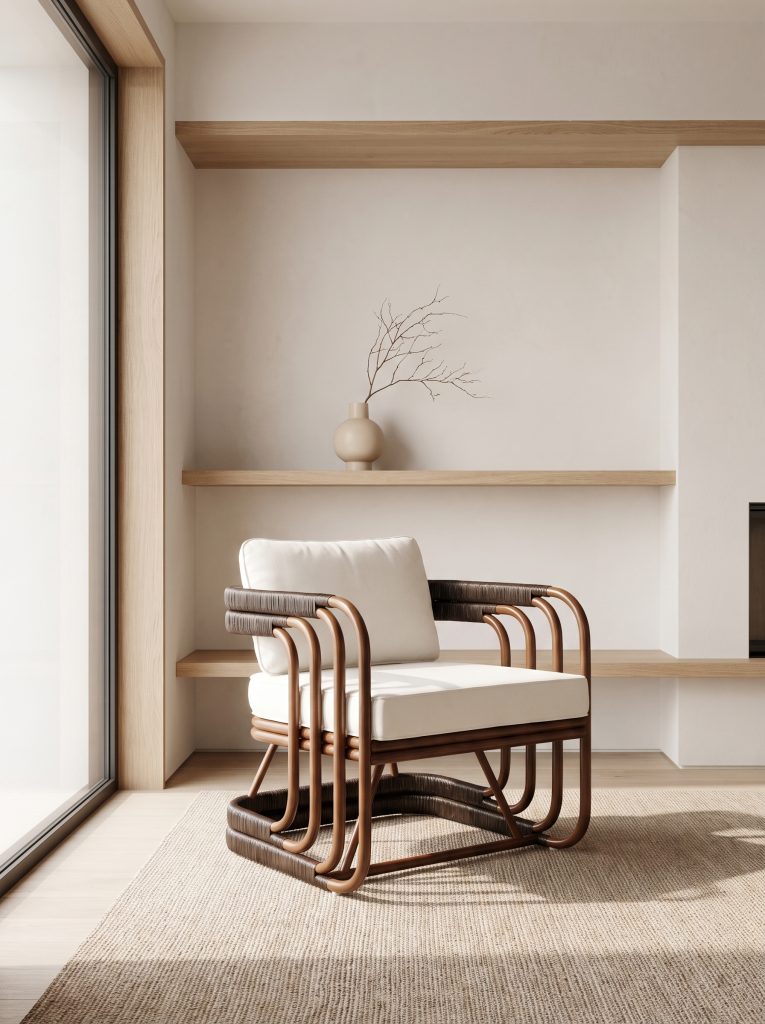 A rattan accent chair called Minori in a Japandi style living room