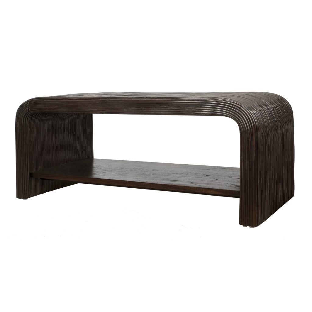 Kian espresso brown rattan waterfall coffee table with a dark Mindi wood bottom storage shelf