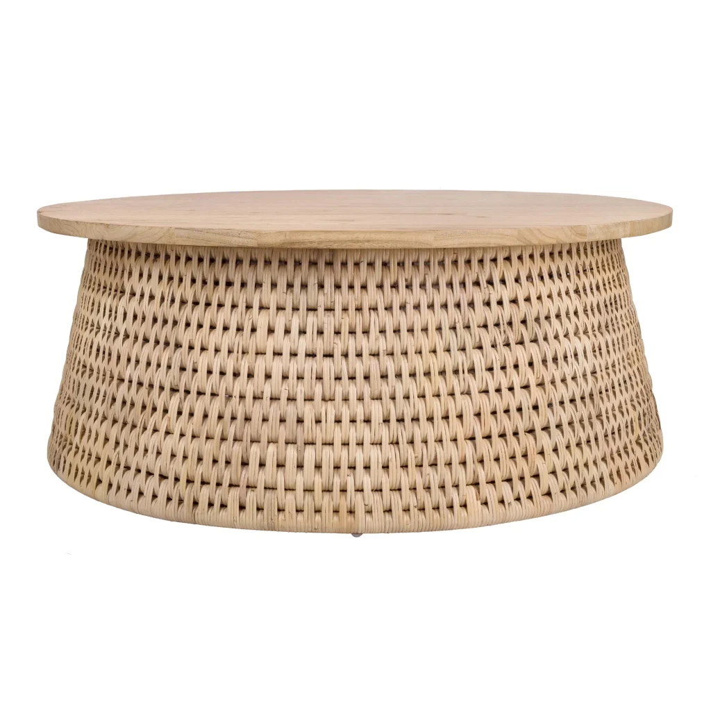 Kavari natural rattan round coffee table with Mindi wood top