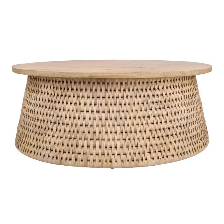 Kavari natural rattan round coffee table with Mindi wood top