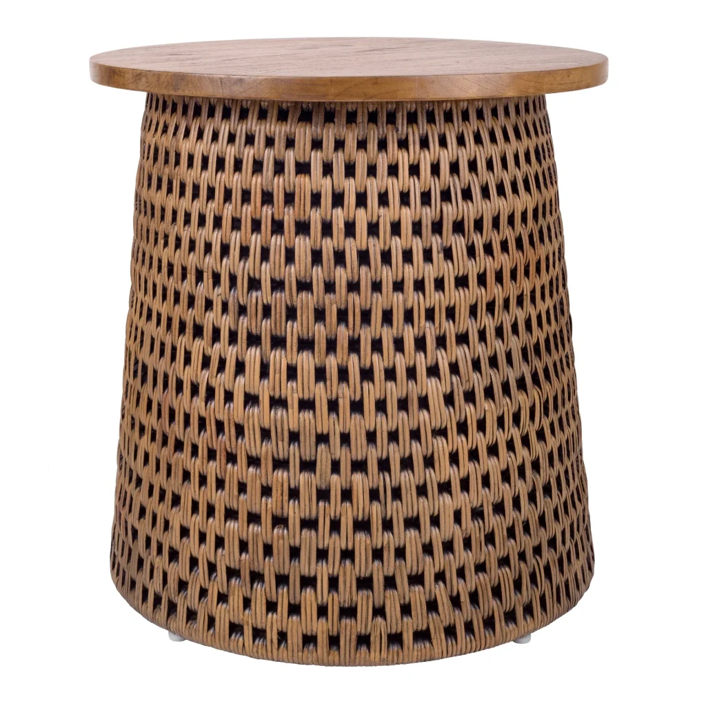 Kavari rattan side table with solid Mindi wood top in canary brown black washed finishes