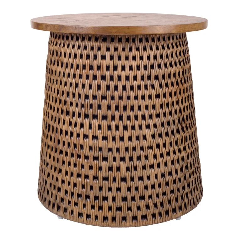 Kavari rattan side table with solid Mindi wood top in canary brown black washed finishes