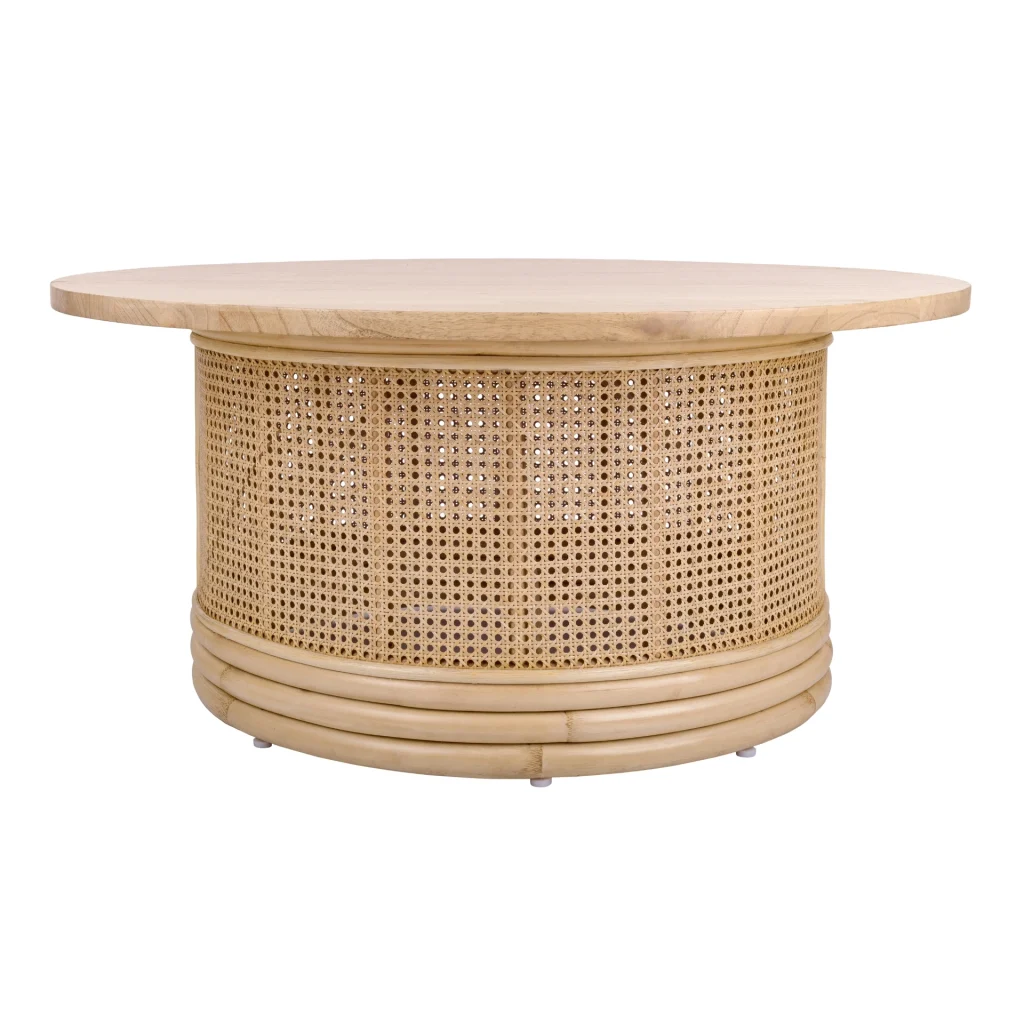 Isla natural rattan round coffee table with cane webbing drum base and solid Mindi wood top