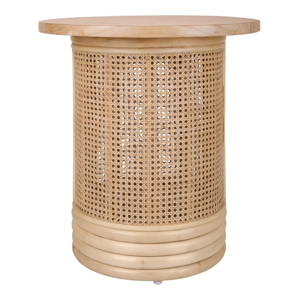 Isla natural rattan side table with cane webbing drum base and solid Mindi wood top