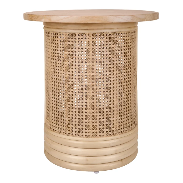 Isla natural rattan side table with cane webbing drum base and solid Mindi wood top