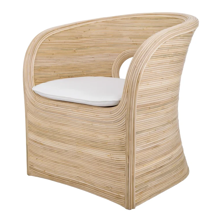 Serena natural rattan barrel accent chair with white seat cushion