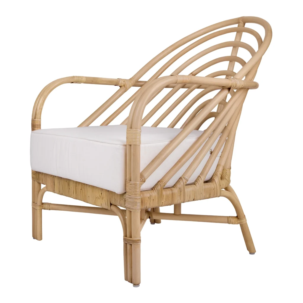 Mina natural rattan fan back accent chair with thick white seat cushion